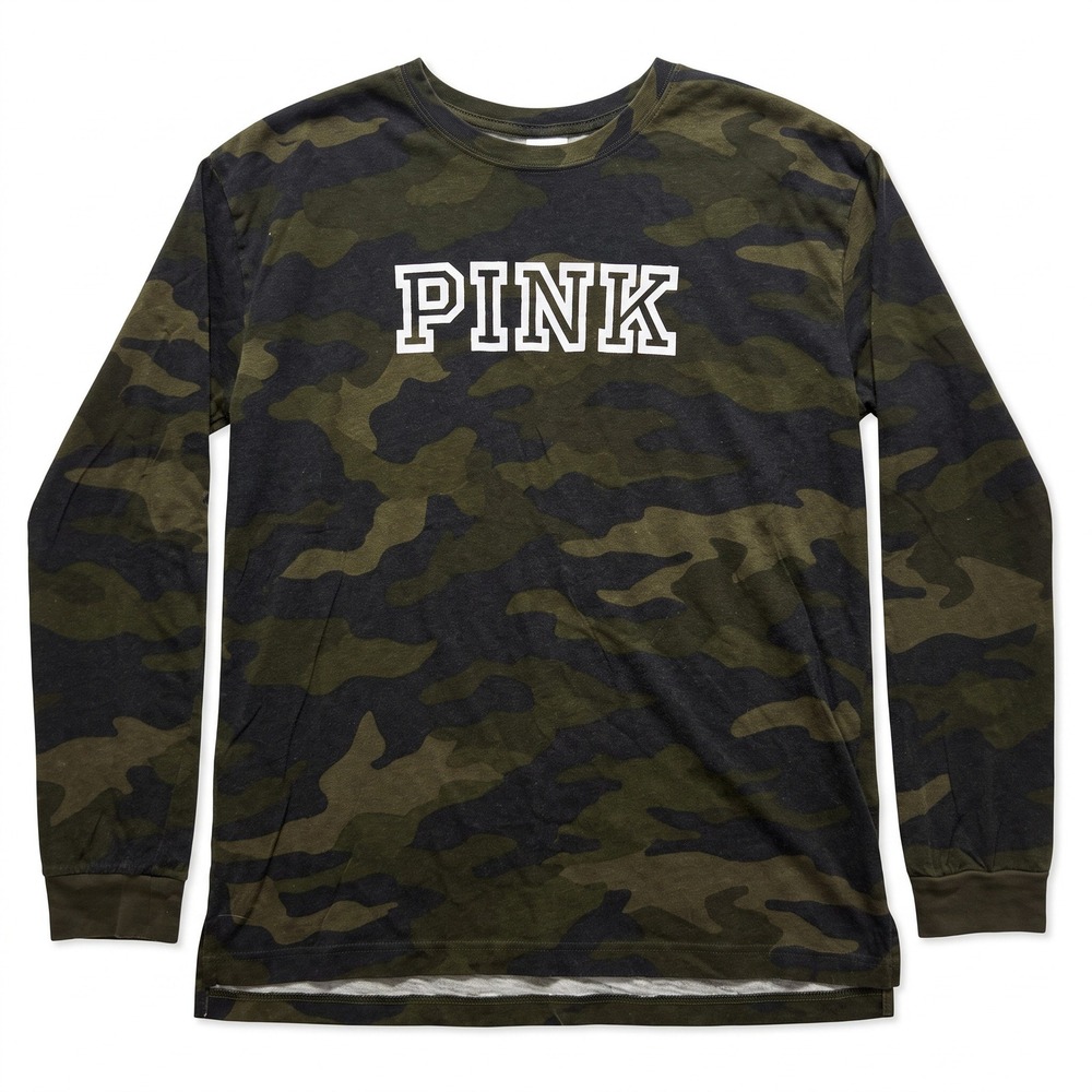 PINK Victoria's Secret Womens L Camo Long Sleeve Graphic Tee